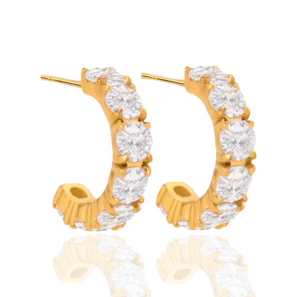Round Zirconia C Hoop Earrings 18K Gold Plated for Women Hypoallergenic Tarnish-Free Waterproof