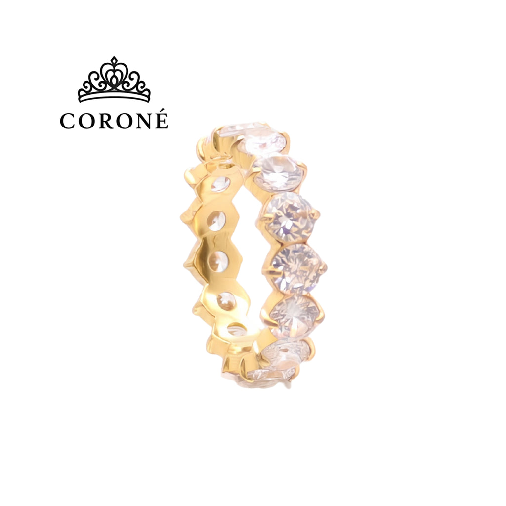 Round CZ Eternity Ring 18K Gold Plated for Women Stainless Steel Hypoallergenic Tarnish-Free Waterproof