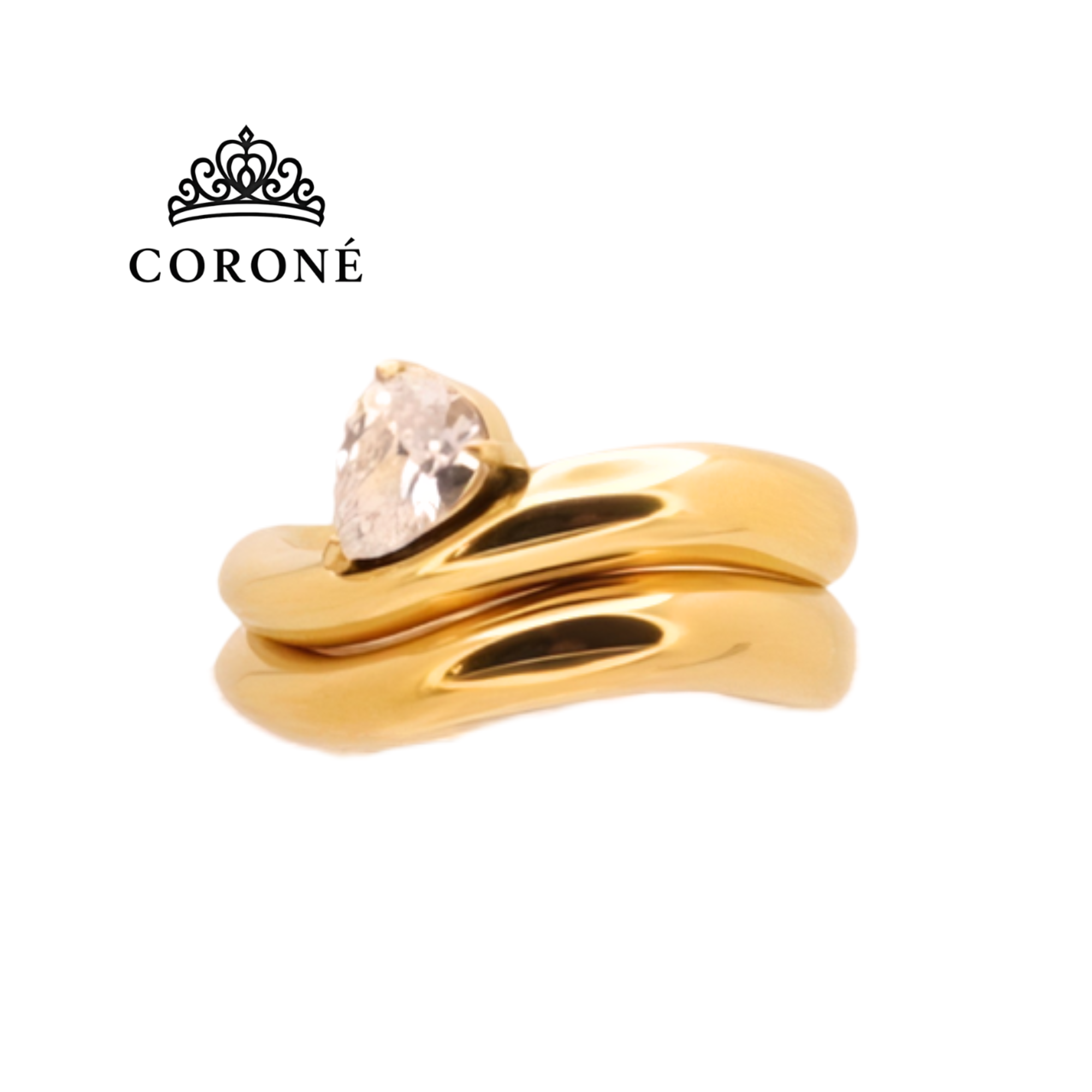 Classic Ring Set of Two Teardrop CZ and Polished Band 18K Gold Plated for Women Stainless Steel Hypoallergenic Tarnish-Free Waterproof