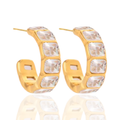 Rectangle Bezel C Hoop Earrings 18K Gold Plated for Women Hypoallergenic Tarnish-Free Waterproof