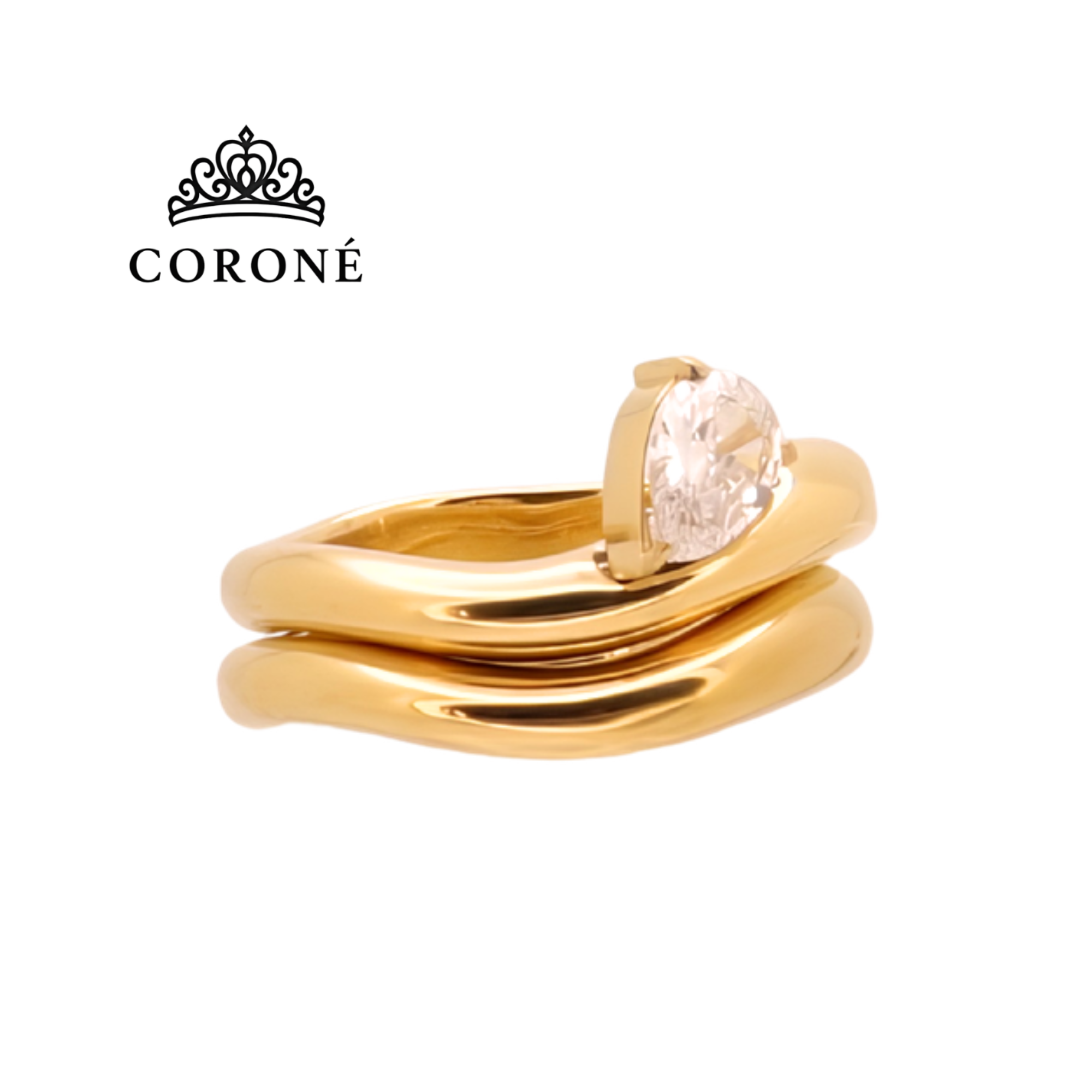 Classic Ring Set of Two Teardrop CZ and Polished Band 18K Gold Plated for Women Stainless Steel Hypoallergenic Tarnish-Free Waterproof