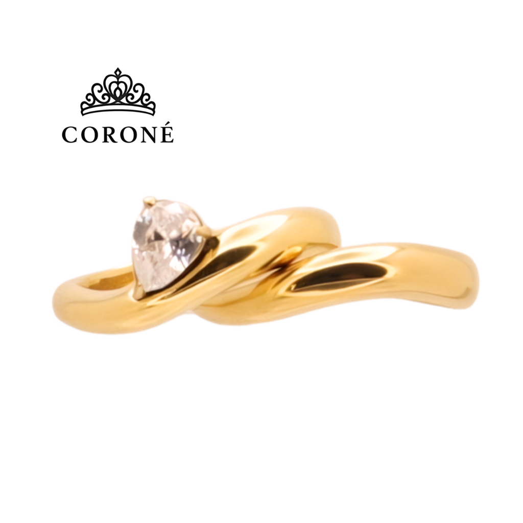 Classic Ring Set of Two Teardrop CZ and Polished Band 18K Gold Plated for Women Stainless Steel Hypoallergenic Tarnish-Free Waterproof