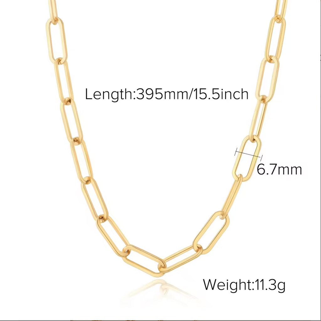 Paperclip Chain Necklace 6.7mm 18K Gold Plated for Women Stainless Steel Hypoallergenic Tarnish-Free Waterproof