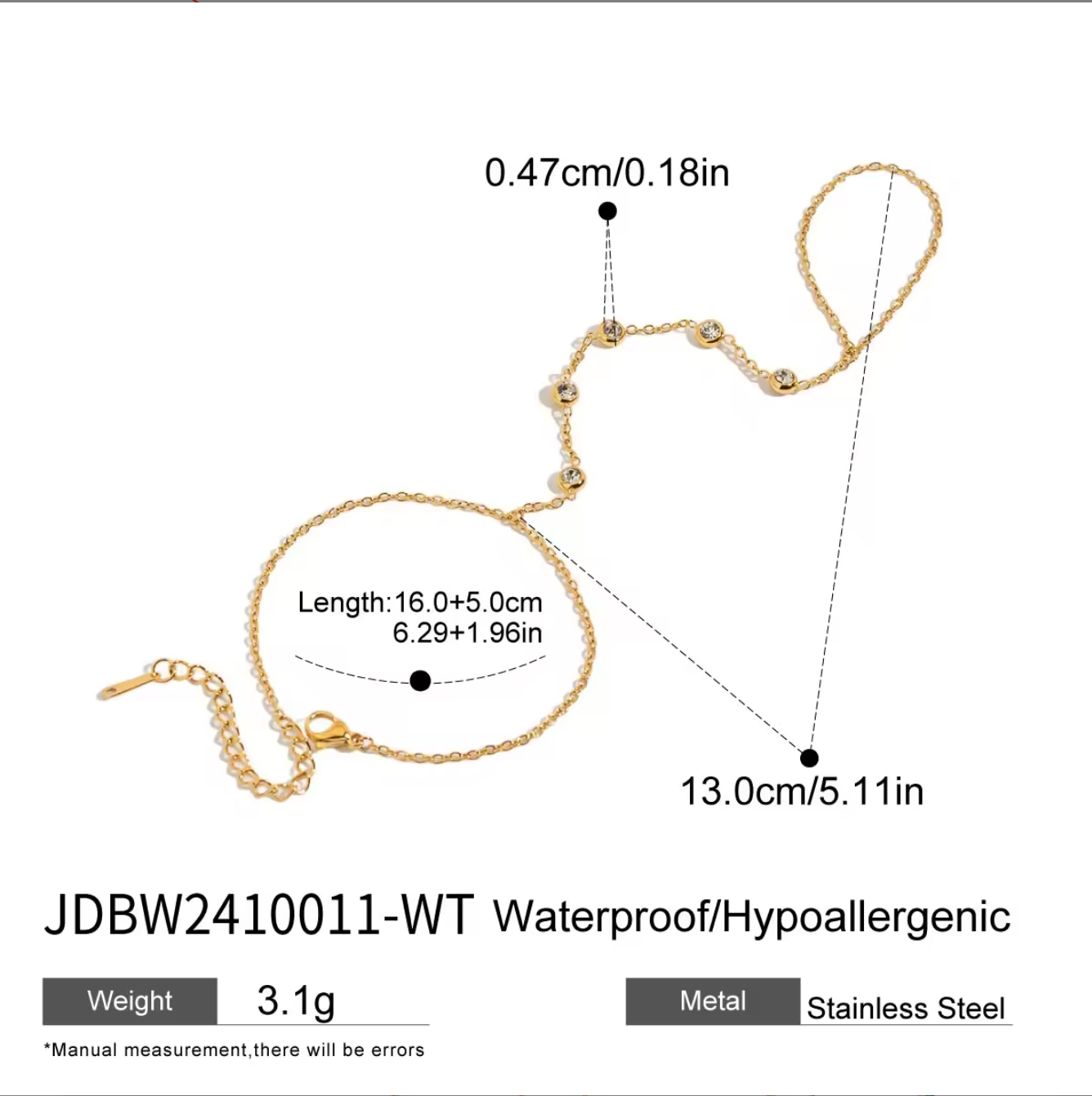 Bezel CZ Hand Chain 18K Gold Plated for Women Stainless Steel Hypoallergenic Tarnish-Free Waterproof