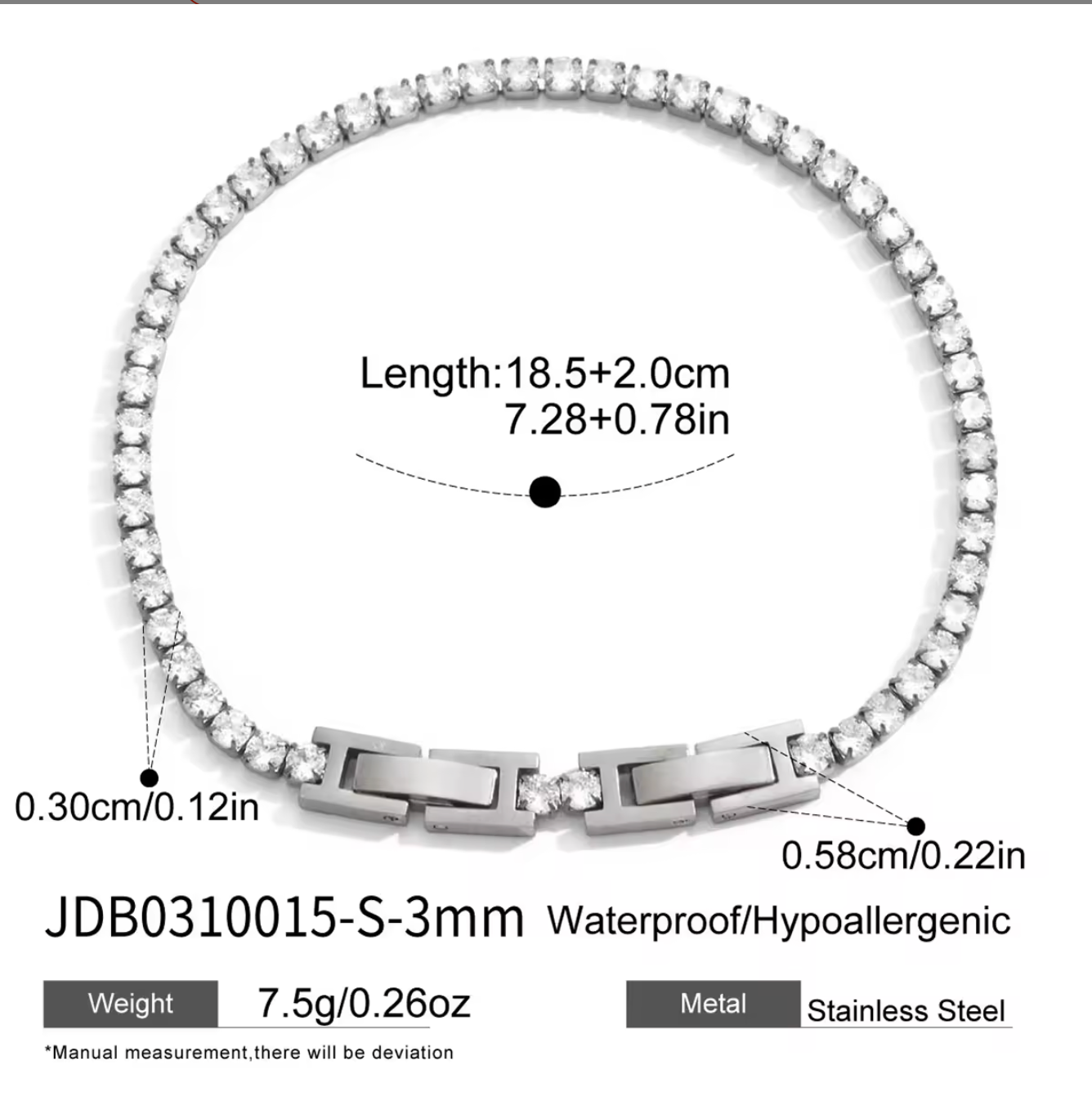 Round CZ Tennis Bracelet Silver 3MM for Women Stainless Steel Hypoallergenic Tarnish-Free Waterproof
