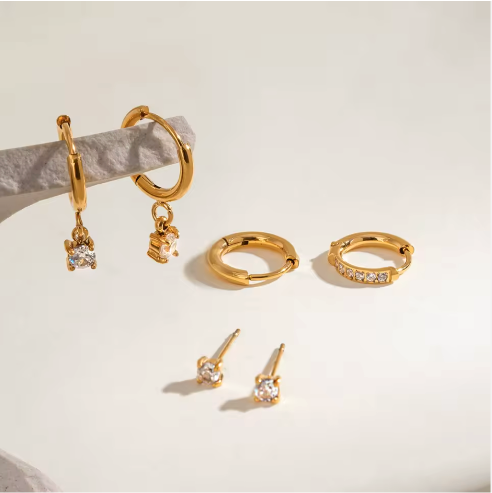 Hoop Earrings Set Three Pairs Classic Style 18K Gold Plated for Women Hypoallergenic Tarnish-Free Waterproof