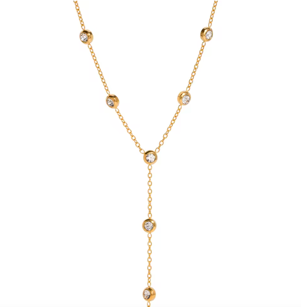 Round CZ Bezel Y Chain Necklace 18K Gold Plated for Women Stainless Steel Hypoallergenic Tarnish-Free Waterproof