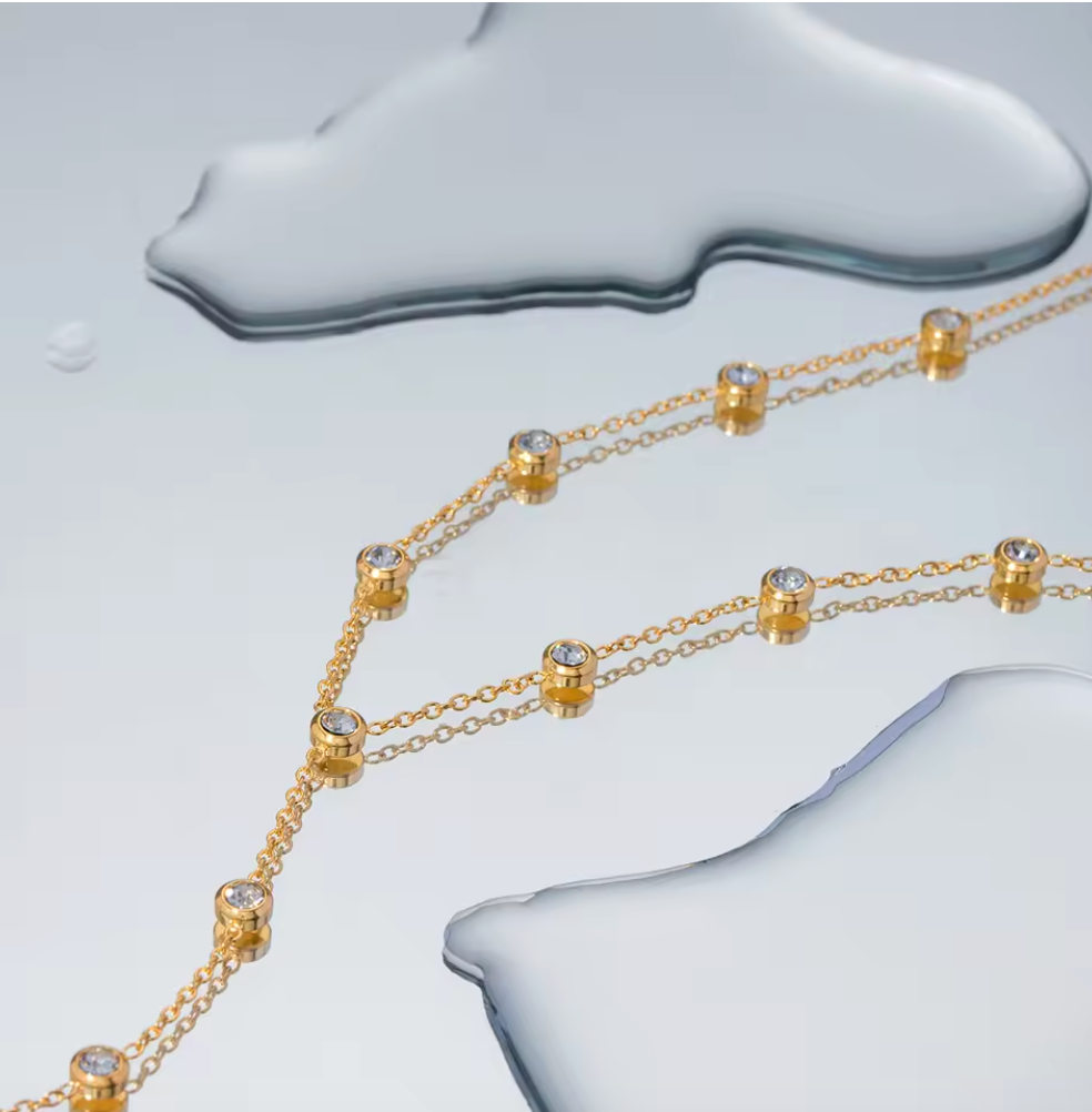 Round CZ Bezel Y Chain Necklace 18K Gold Plated for Women Stainless Steel Hypoallergenic Tarnish-Free Waterproof