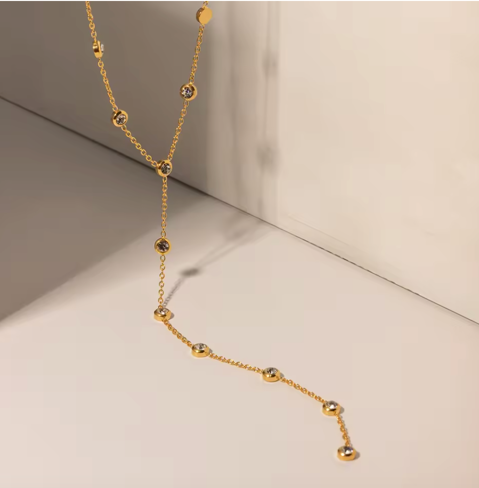 Round CZ Bezel Y Chain Necklace 18K Gold Plated for Women Stainless Steel Hypoallergenic Tarnish-Free Waterproof