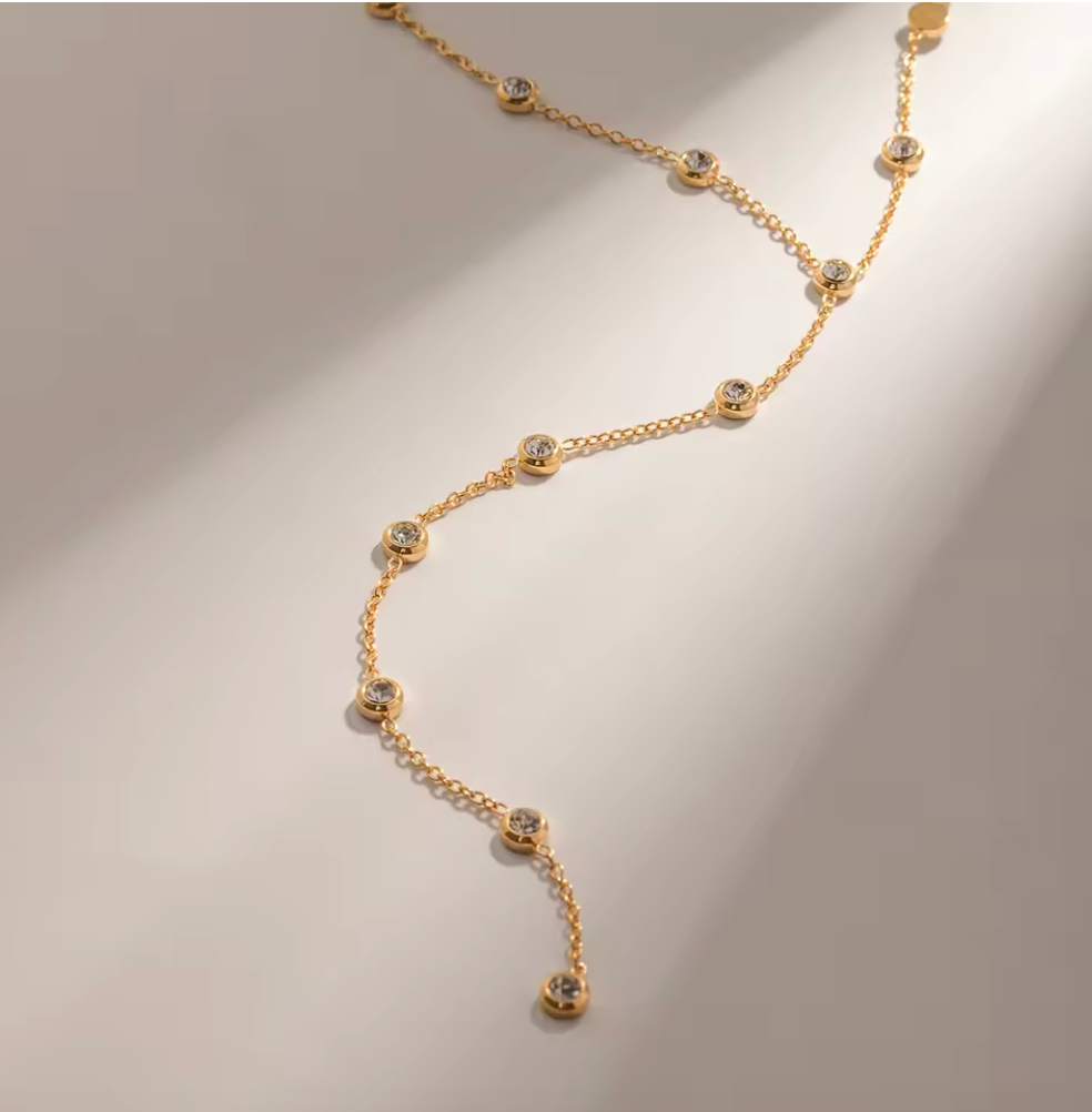 Round CZ Bezel Y Chain Necklace 18K Gold Plated for Women Stainless Steel Hypoallergenic Tarnish-Free Waterproof