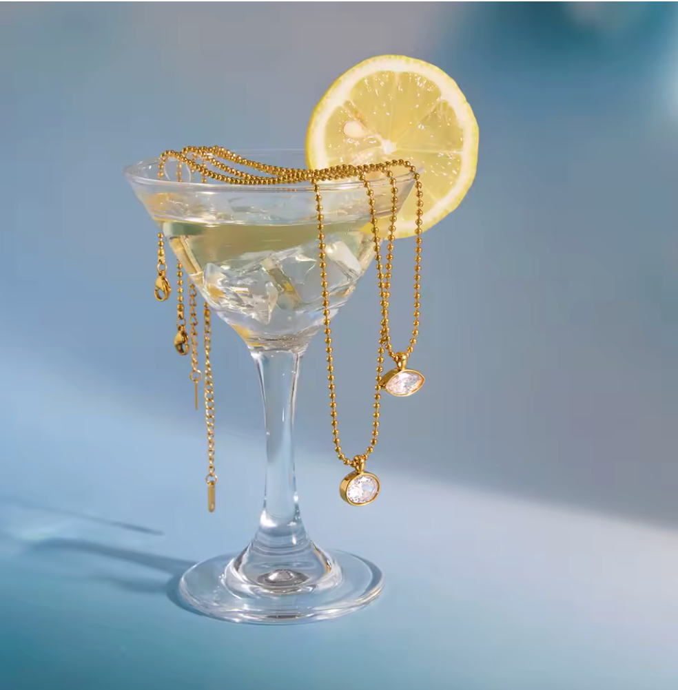 Marquise Bezel Ball Chain Necklace 18K Gold Plated for Women Stainless Steel Hypoallergenic Tarnish-Free Waterproof