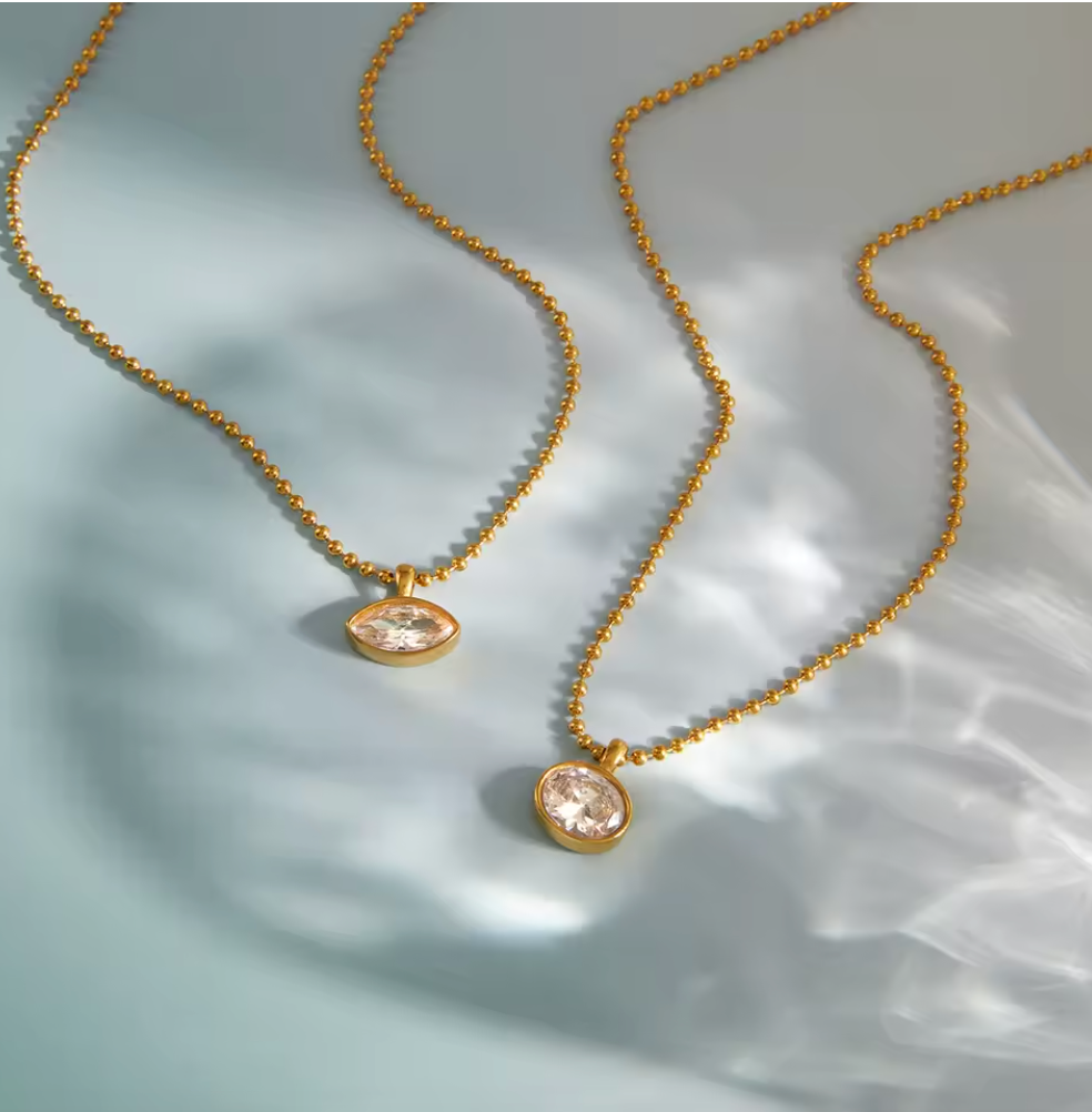Marquise Bezel Ball Chain Necklace 18K Gold Plated for Women Stainless Steel Hypoallergenic Tarnish-Free Waterproof