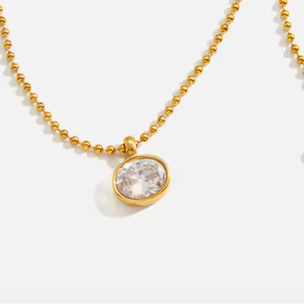 Oval Bezel Ball Chain Necklace 18K Gold Plated for Women Stainless Steel Hypoallergenic Tarnish-Free Waterproof