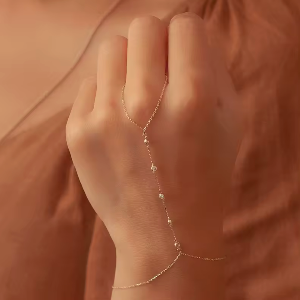 Beaded Hand Chain 18K Gold Plated for Women Stainless Steel Hypoallergenic Tarnish-Free Waterproof