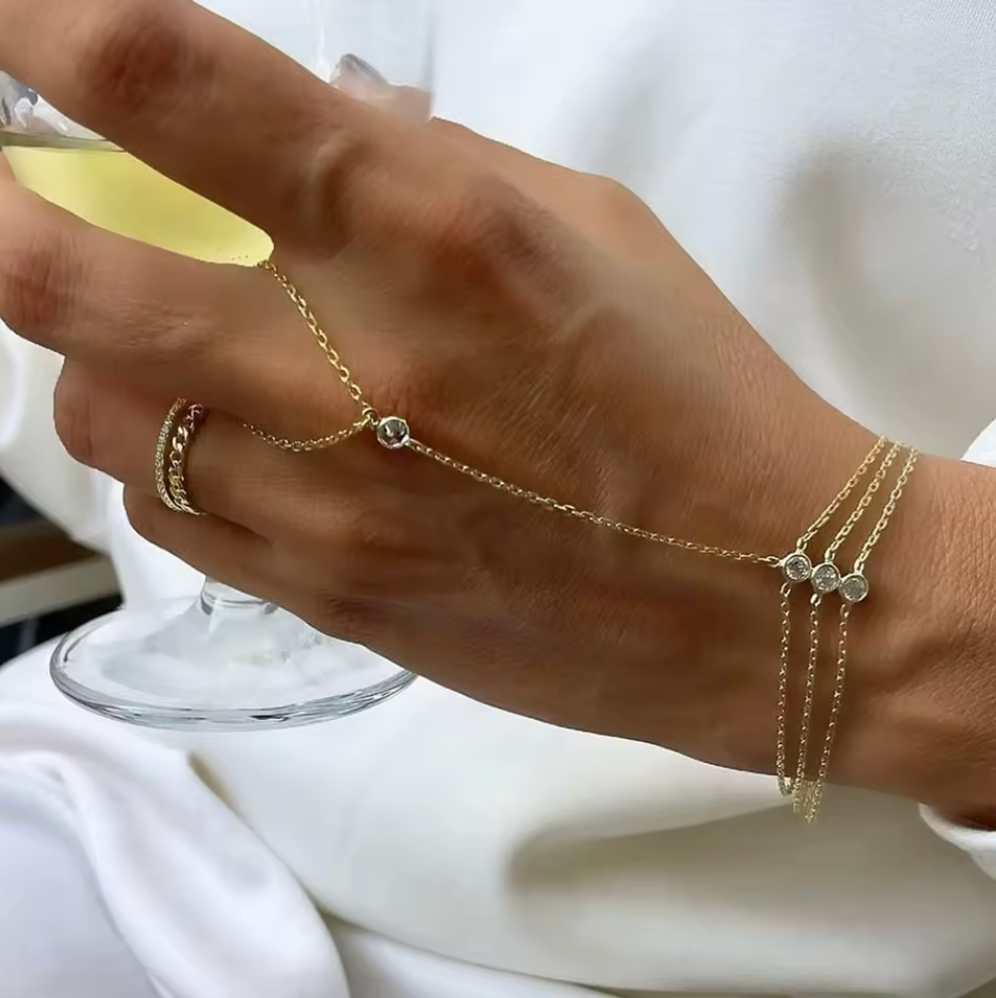 Three Layer CZ Hand Chain 18K Gold Plated for Women Stainless Steel Hypoallergenic Tarnish-Free Waterproof
