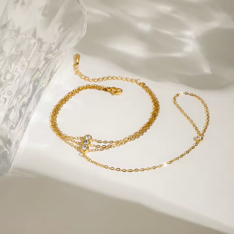 Three Layer CZ Hand Chain 18K Gold Plated for Women Stainless Steel Hypoallergenic Tarnish-Free Waterproof