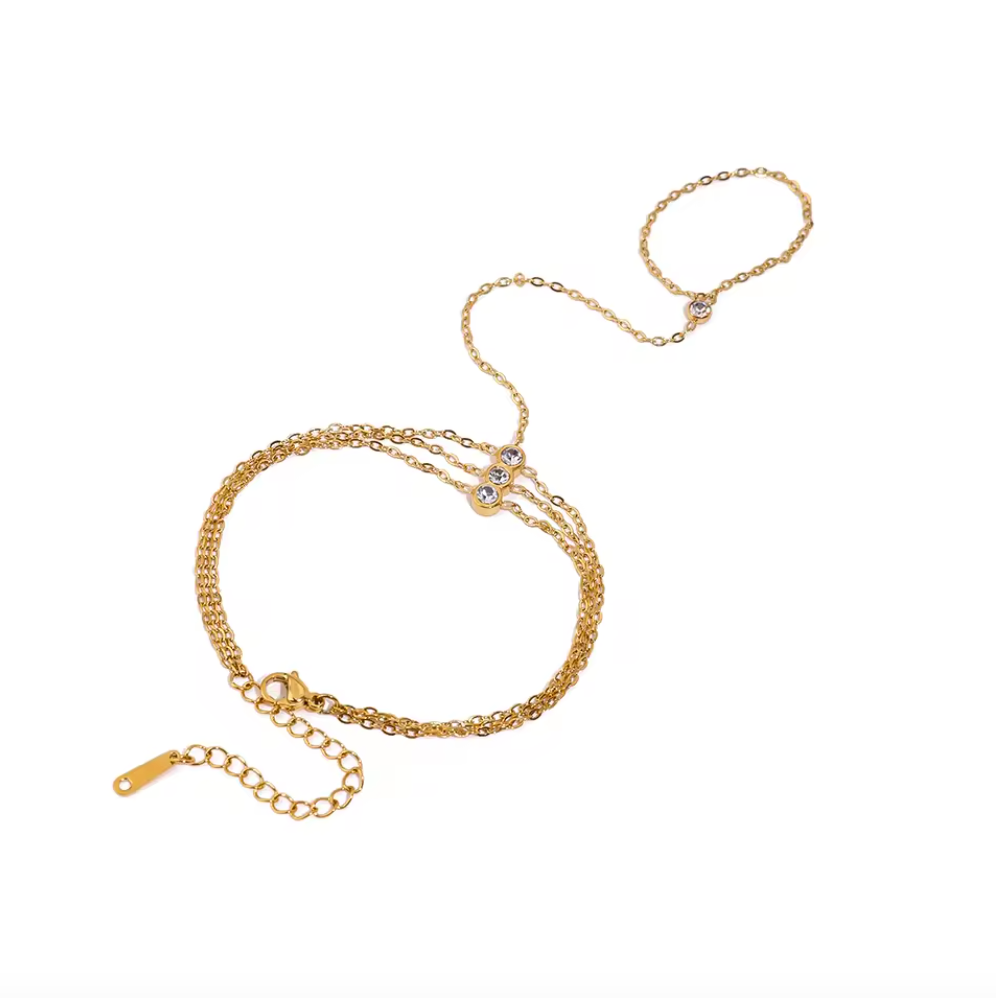Three Layer CZ Hand Chain 18K Gold Plated for Women Stainless Steel Hypoallergenic Tarnish-Free Waterproof