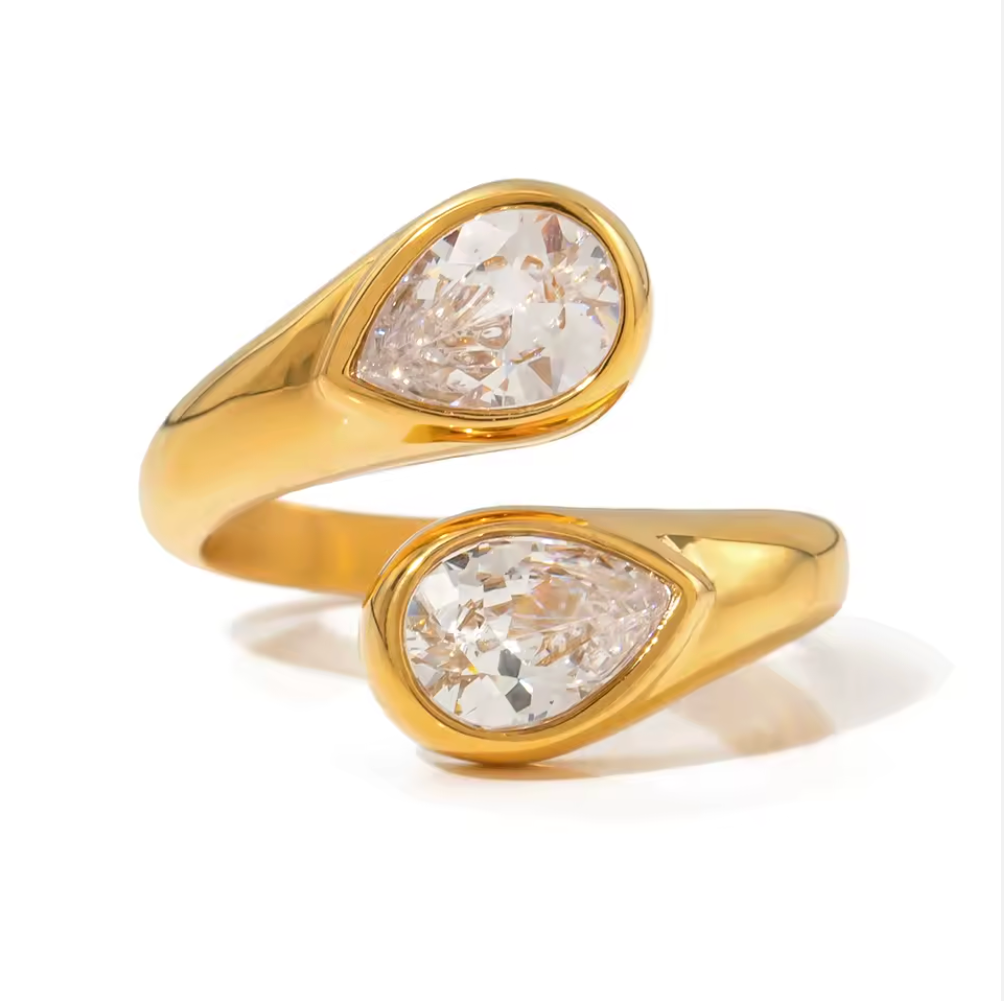 Double Pear Shape Resizable Ring 18K Gold Plated for Women Stainless Steel Hypoallergenic Tarnish-Free Waterproof