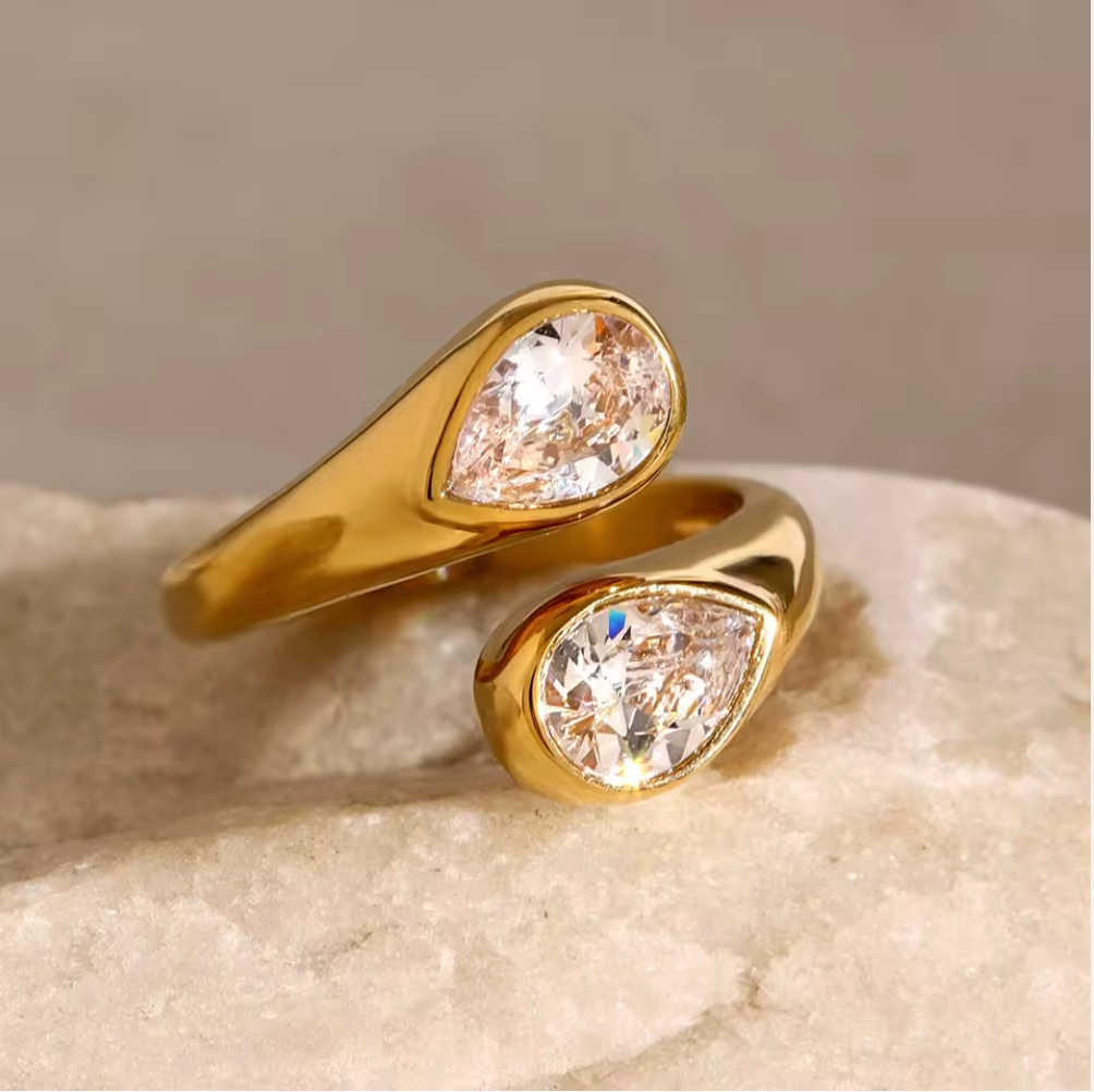 Double Pear Shape Resizable Ring 18K Gold Plated for Women Stainless Steel Hypoallergenic Tarnish-Free Waterproof