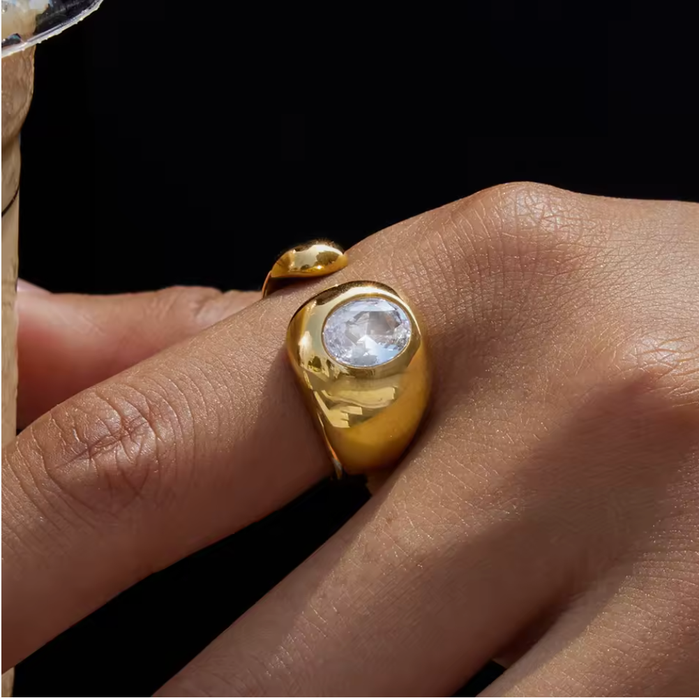 White Rhinestone Open Ring 18K Gold Plated for Women Stainless Steel Hypoallergenic Tarnish-Free Waterproof