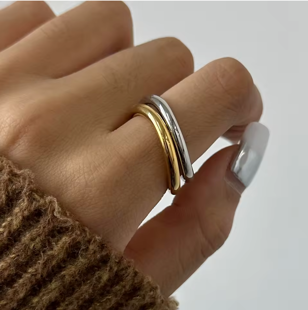 Two Tone Smooth Wave Ring Set of Two 18K Gold Plated for Women Stainless Steel Hypoallergenic Tarnish-Free Waterproof