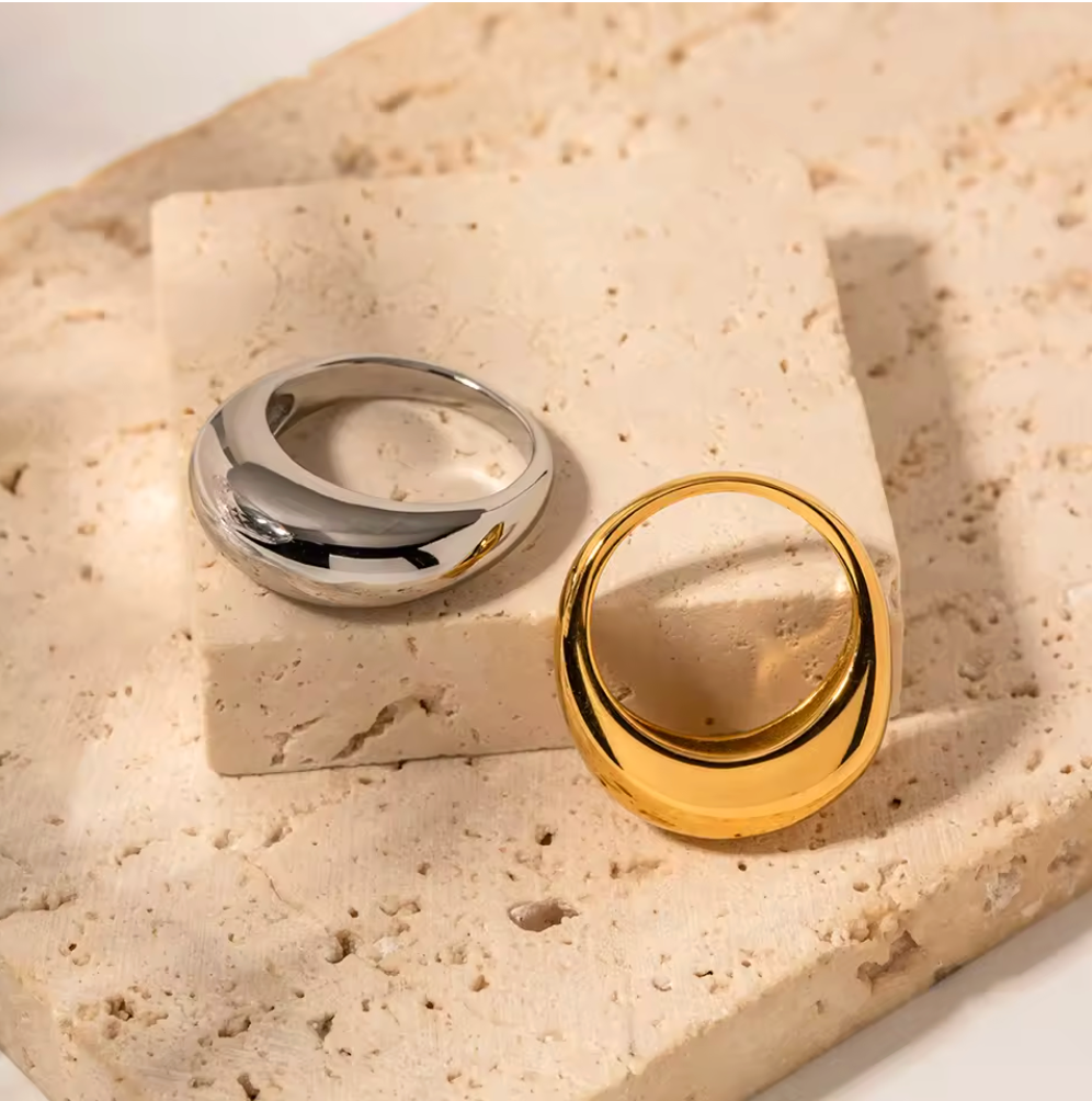 High Polished Round Chunky Ring 18K Gold Plated for Women Stainless Steel Hypoallergenic Tarnish-Free Waterproof