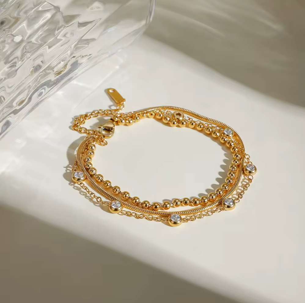 Multi-Layer Cubic Zirconia Bracelet 18K Gold Plated for Women Gold Plated Stainless Steel Hypoallergenic Tarnish-Free Waterproof