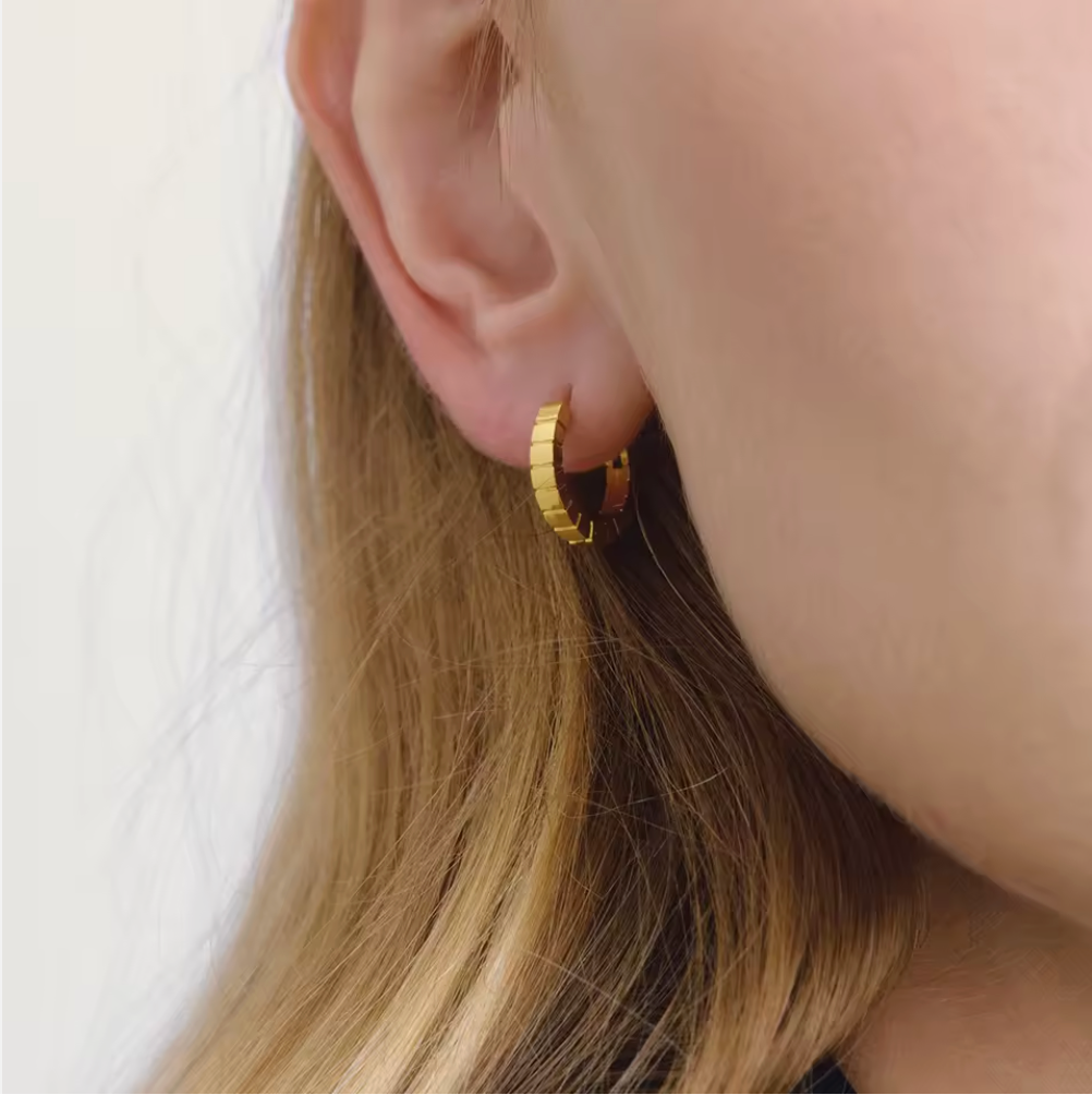 Ribbed Textured Small Round Huggie Hoop Earrings 18K Gold Plated for Women Hypoallergenic Tarnish-Free Waterproof