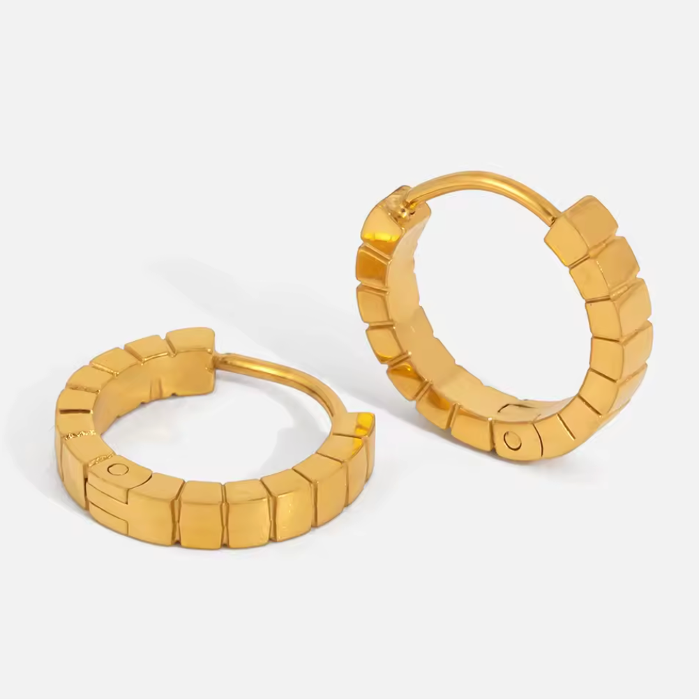 Ribbed Textured Small Round Huggie Hoop Earrings 18K Gold Plated for Women Hypoallergenic Tarnish-Free Waterproof