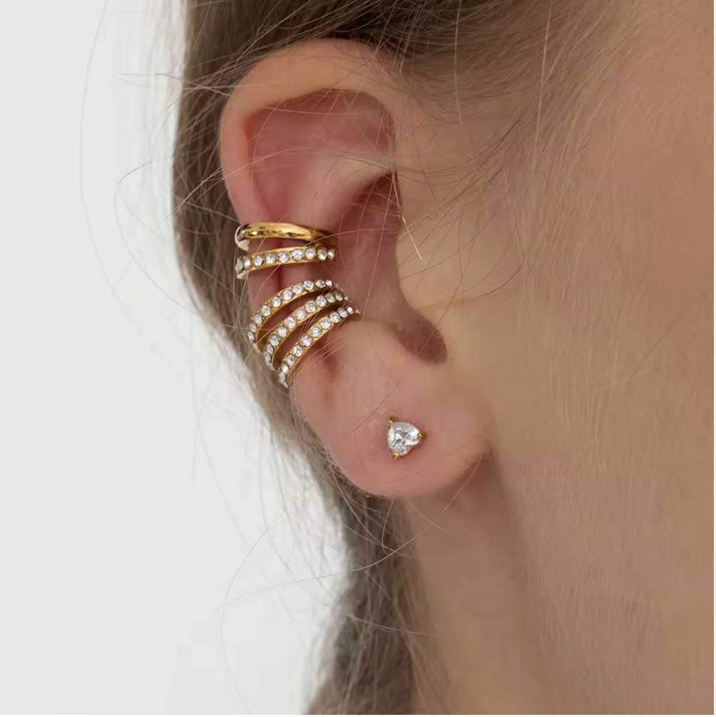 Double Layer Round Zircon Ear Cuff Set 18K Gold Plated for Women No Piercing Required Hypoallergenic Tarnish-Free Waterproof