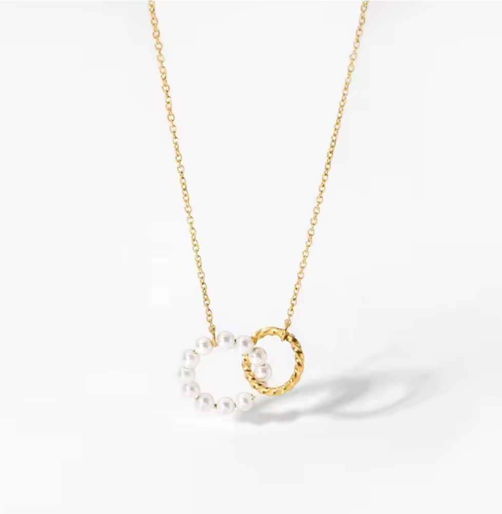 Double Circle Link Chain Choker Pearl Pendant Necklace 18K Gold Plated for Women Stainless Steel Hypoallergenic Tarnish-Free Waterproof