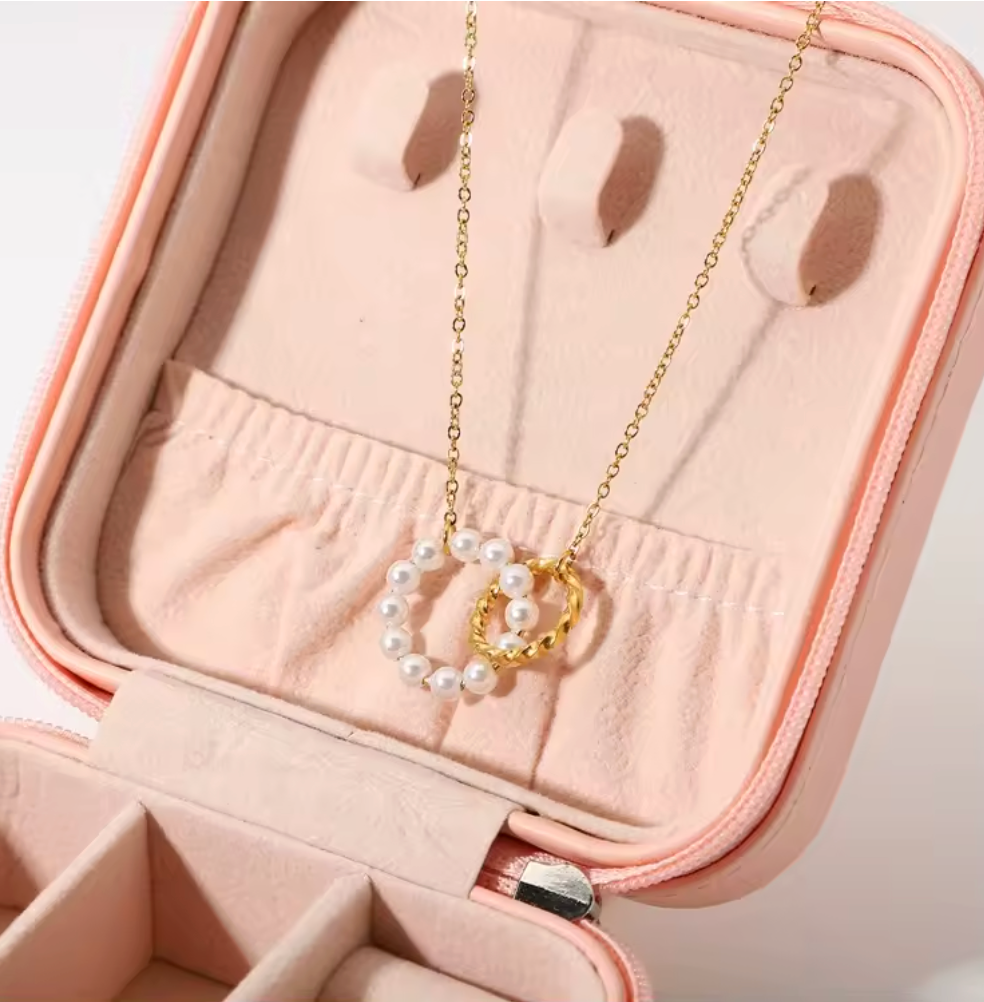 Double Circle Link Chain Choker Pearl Pendant Necklace 18K Gold Plated for Women Stainless Steel Hypoallergenic Tarnish-Free Waterproof