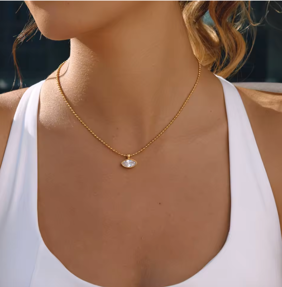 Marquise Bezel Ball Chain Necklace 18K Gold Plated for Women Stainless Steel Hypoallergenic Tarnish-Free Waterproof
