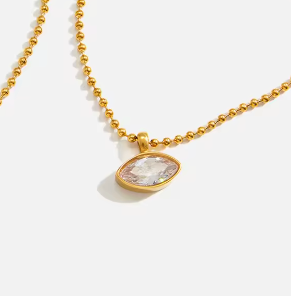 Marquise Bezel Ball Chain Necklace 18K Gold Plated for Women Stainless Steel Hypoallergenic Tarnish-Free Waterproof