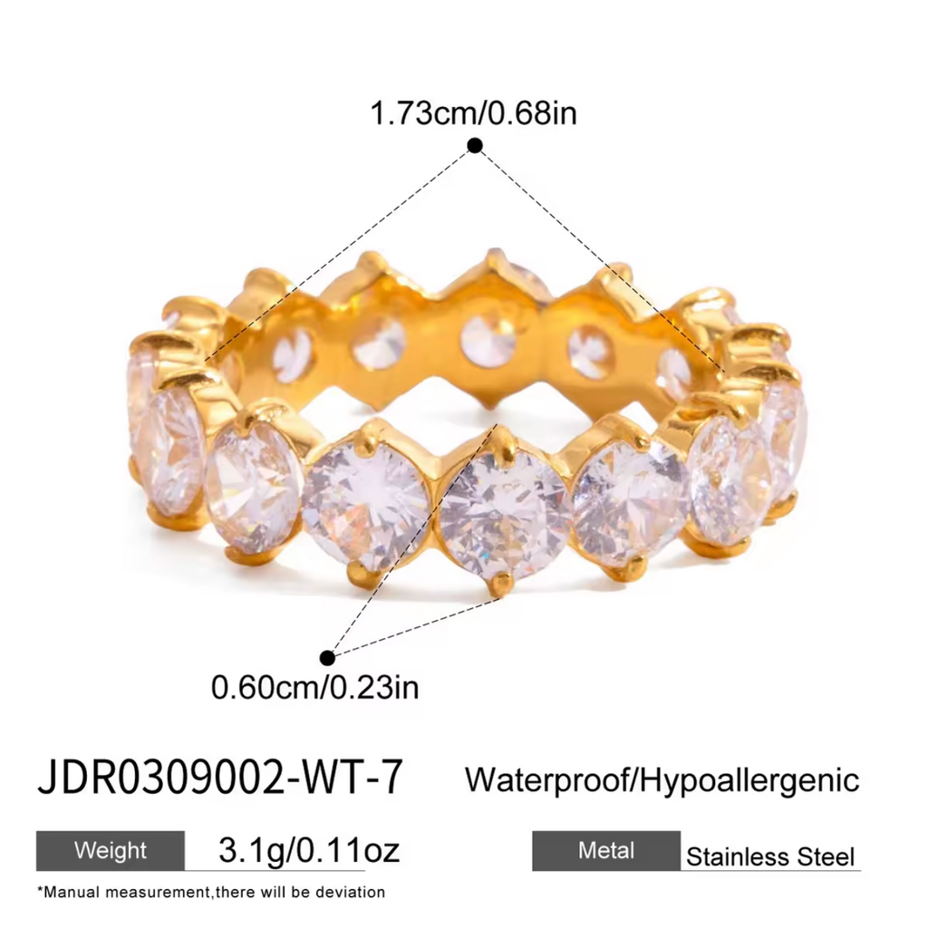 Round CZ Eternity Ring 18K Gold Plated for Women Stainless Steel Hypoallergenic Tarnish-Free Waterproof
