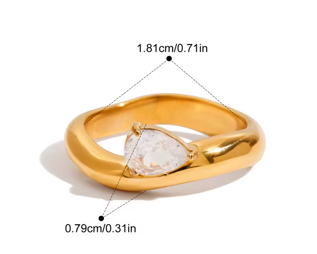 Classic Ring Set of Two Teardrop CZ and Polished Band 18K Gold Plated for Women Stainless Steel Hypoallergenic Tarnish-Free Waterproof