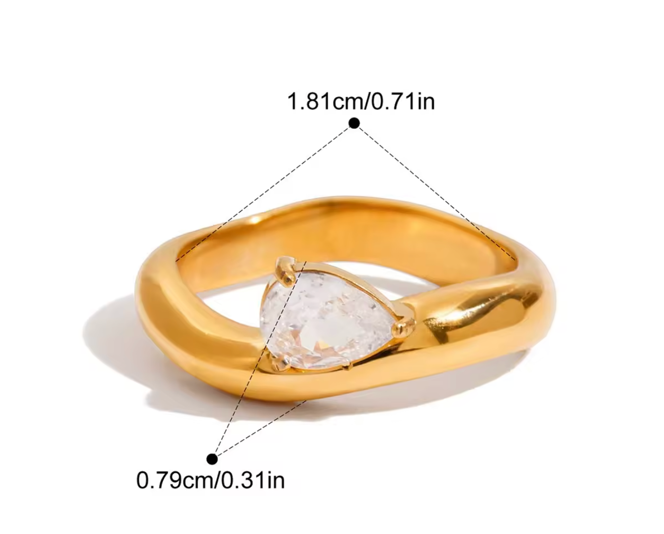 Classic Ring Set of Two Teardrop CZ and Polished Band 18K Gold Plated for Women Stainless Steel Hypoallergenic Tarnish-Free Waterproof