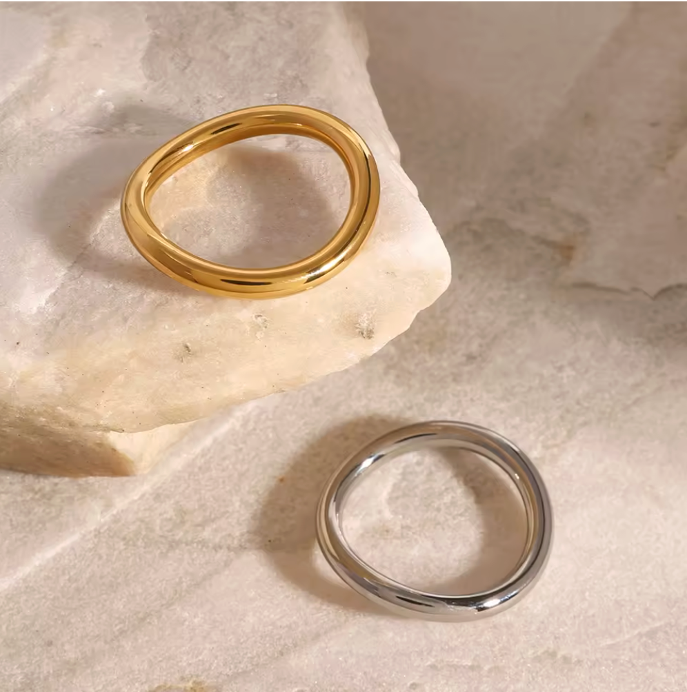Two Tone Smooth Wave Ring Set of Two 18K Gold Plated for Women Stainless Steel Hypoallergenic Tarnish-Free Waterproof
