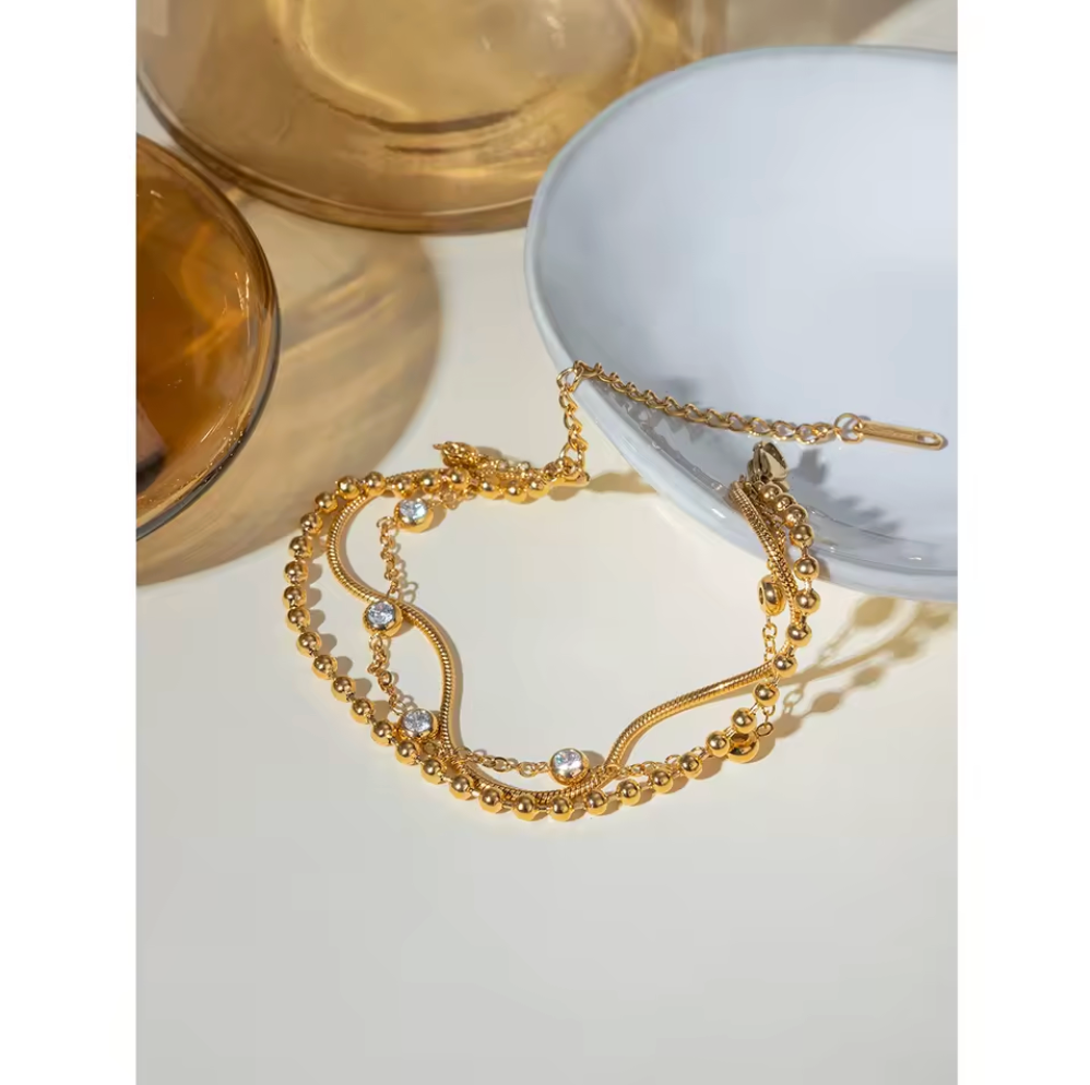 Multi-Layer Cubic Zirconia Bracelet 18K Gold Plated for Women Gold Plated Stainless Steel Hypoallergenic Tarnish-Free Waterproof